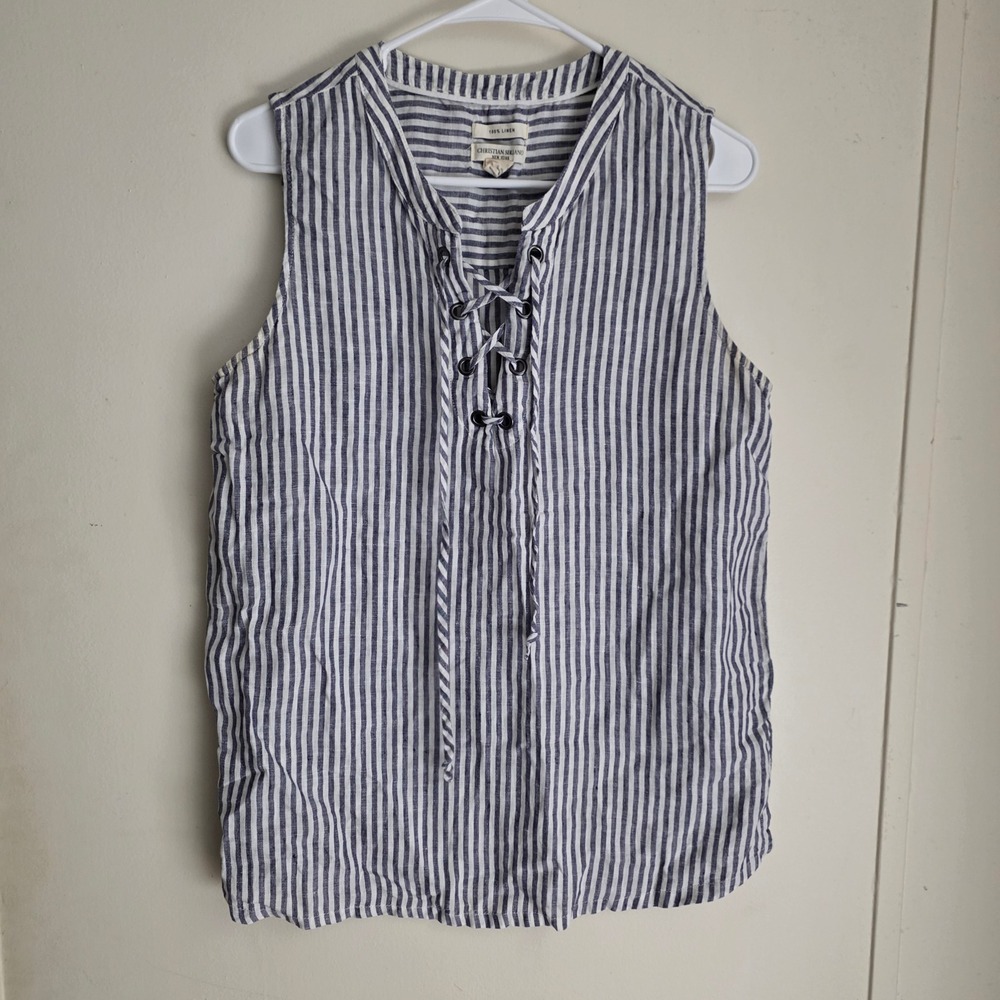 Christian Siriano Womens Linen Top Size Medium Blue White Striped Coastal Beach